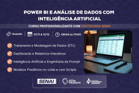 Inova Prudente e Senai abrem inscrições para curso gratuito de Análise de Dados com Inteligência Artificial
